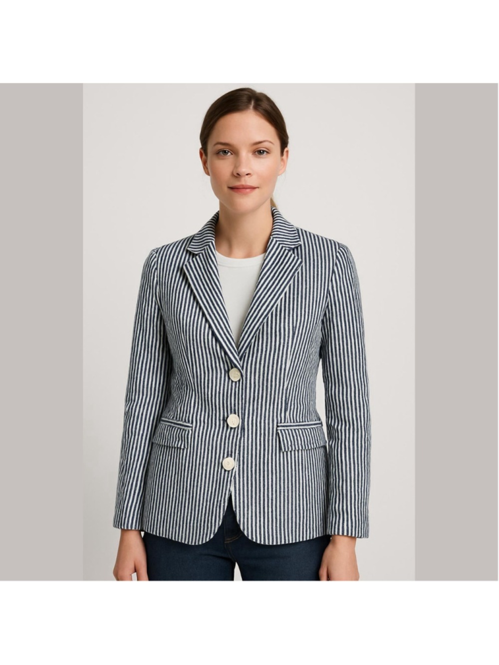 Sandro Paris Navy White Striped Seersucker Blazer Jacket Size Medium